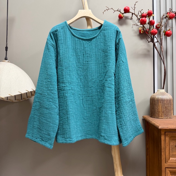 555791亚麻圆领纯色简约系显瘦打底衫（衣长63胸围136）