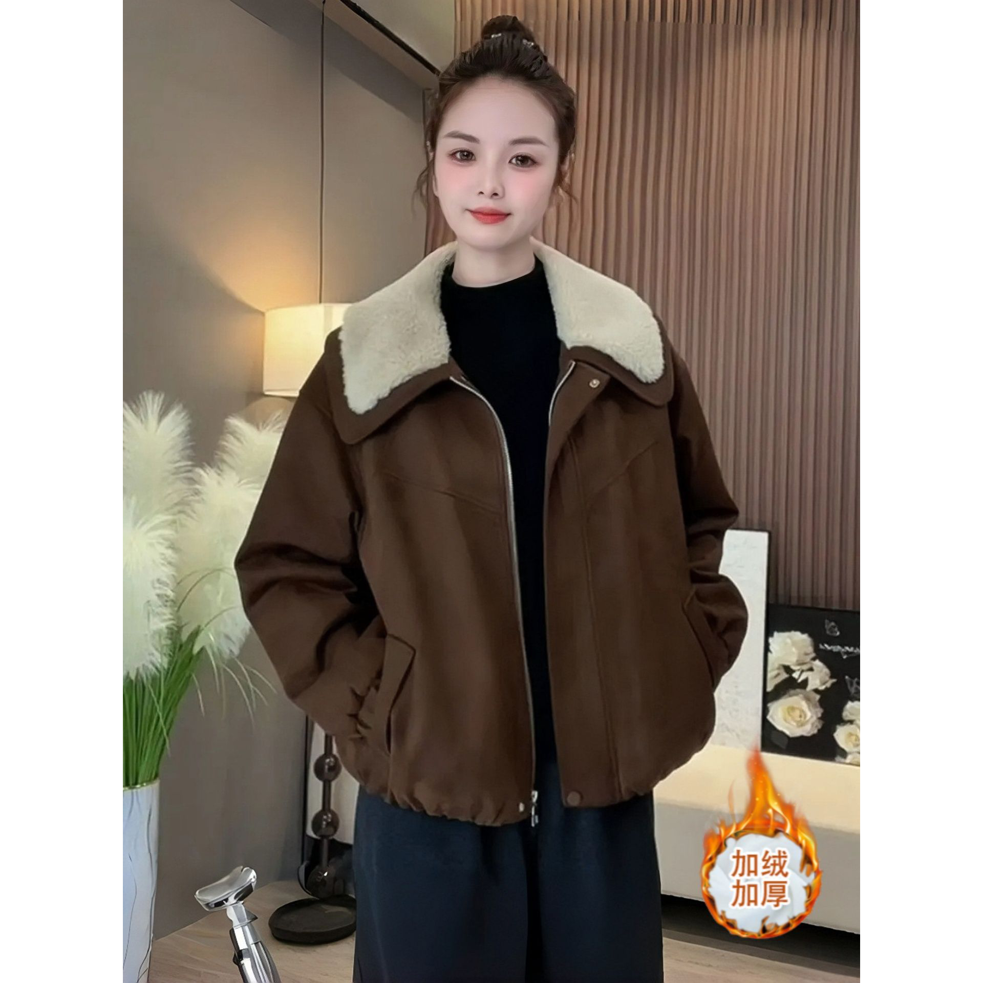 大码麂皮绒外套女冬季新款宽松显瘦洋气上衣加绒加厚保暖翻领上衣