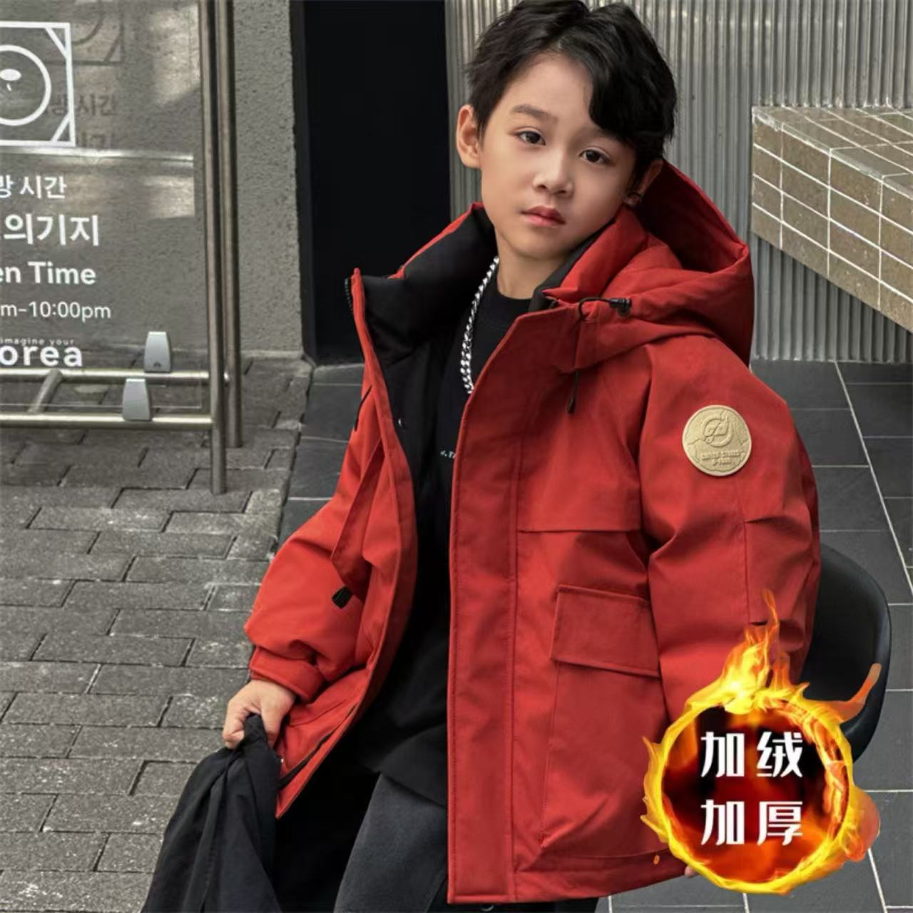 【拜年服 加绒加厚】男童棉服外套儿童装秋冬款中大童派克服冬季