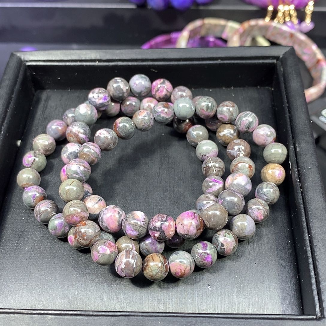 苏纪石（舒俱来）未镶嵌南非舒俱来绿皮樱花圆珠单圈3条