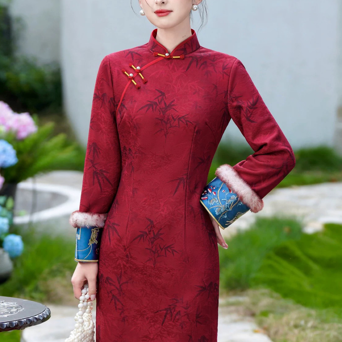 9861-红色新中式旗袍绝美民国风秋冬款加厚日常可穿礼