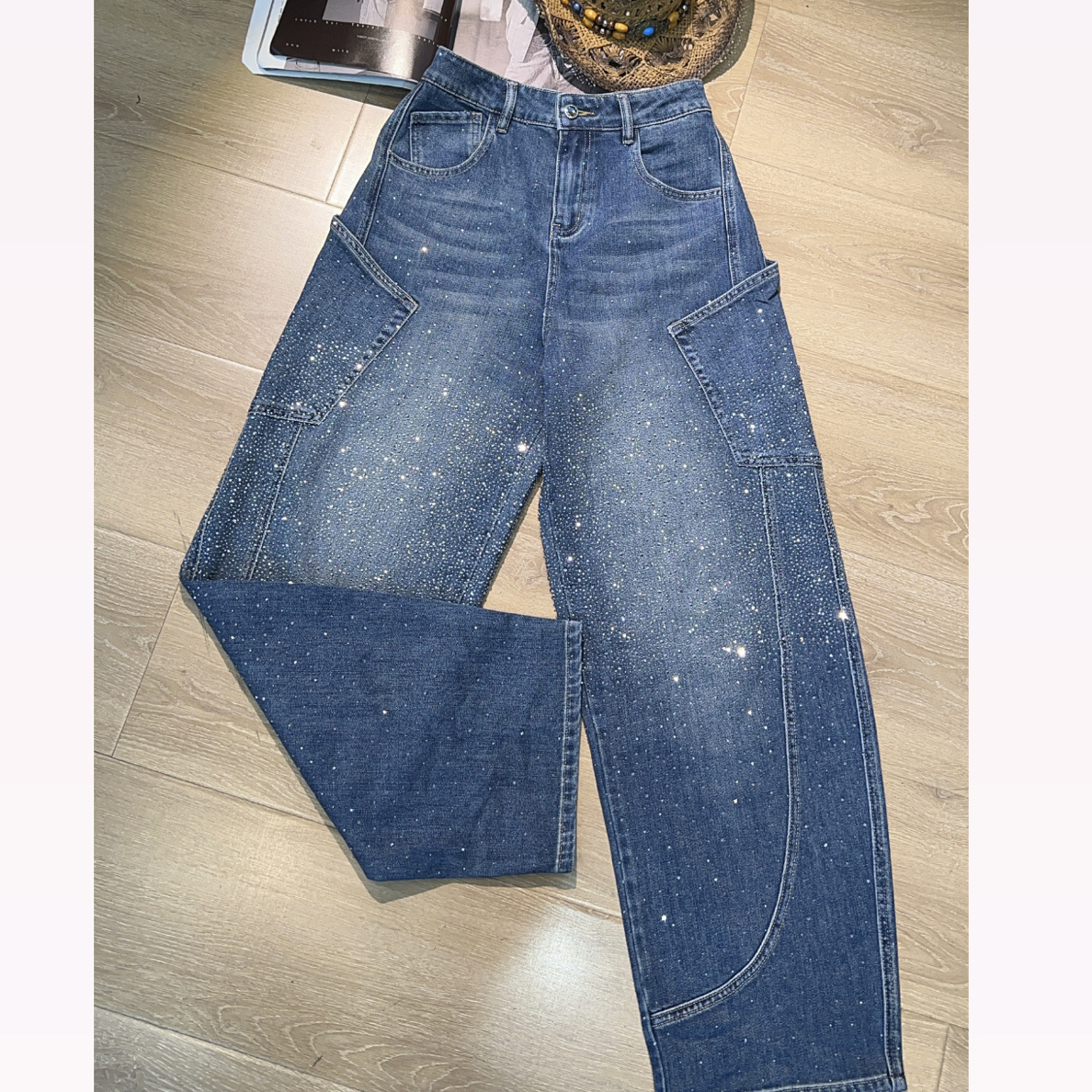 原创设计美式复古漫天星河个性小众设计弯刀牛仔裤25