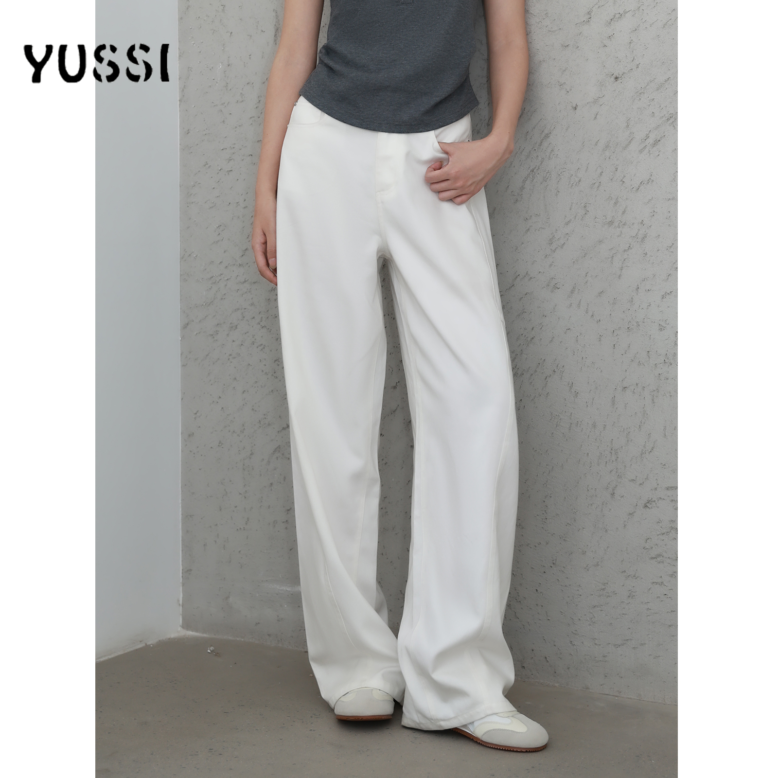 YUSSI 轻职风薄款100棉弯刀休闲裤宽松显瘦百搭白色微弹垂感长裤