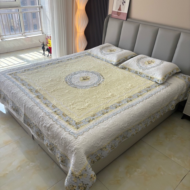 欧式奢华手工拼布 宫廷刺绣纯棉床盖三件套