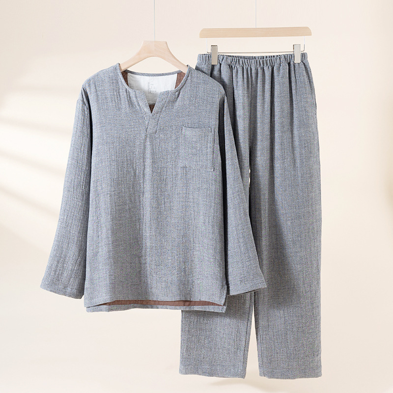 【松木】日系外贸春秋新款男双层纱睡衣家居服出口长袖长裤透气洋气