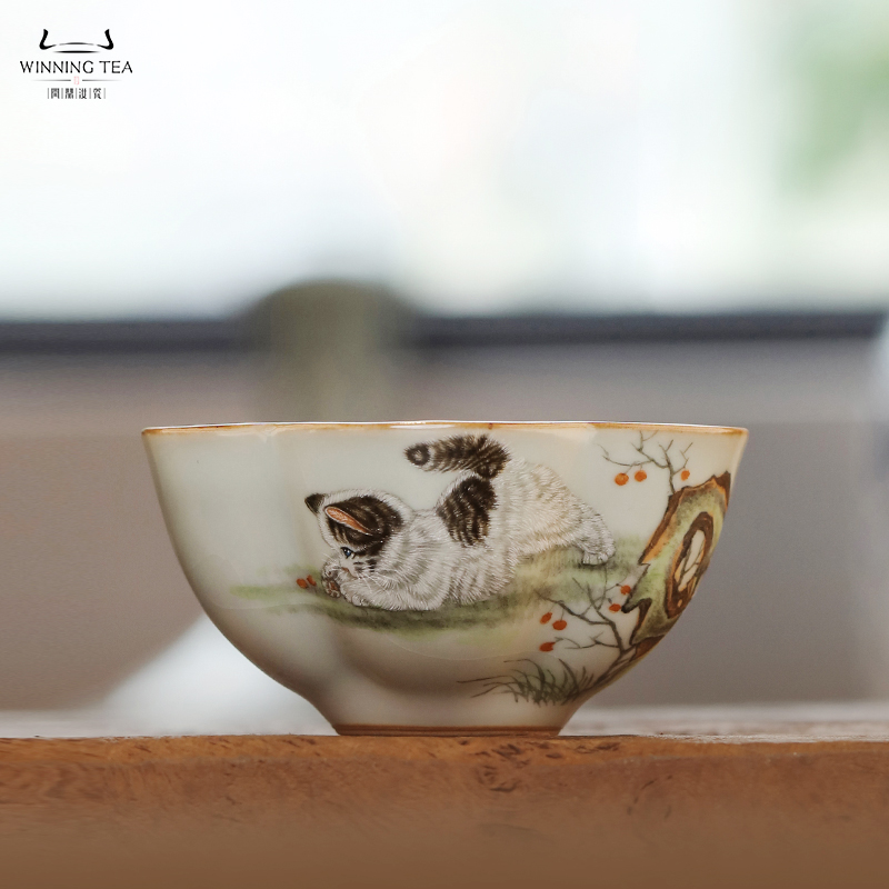 问鼎鼎峰系列天青老款大梅花杯（猫趣）