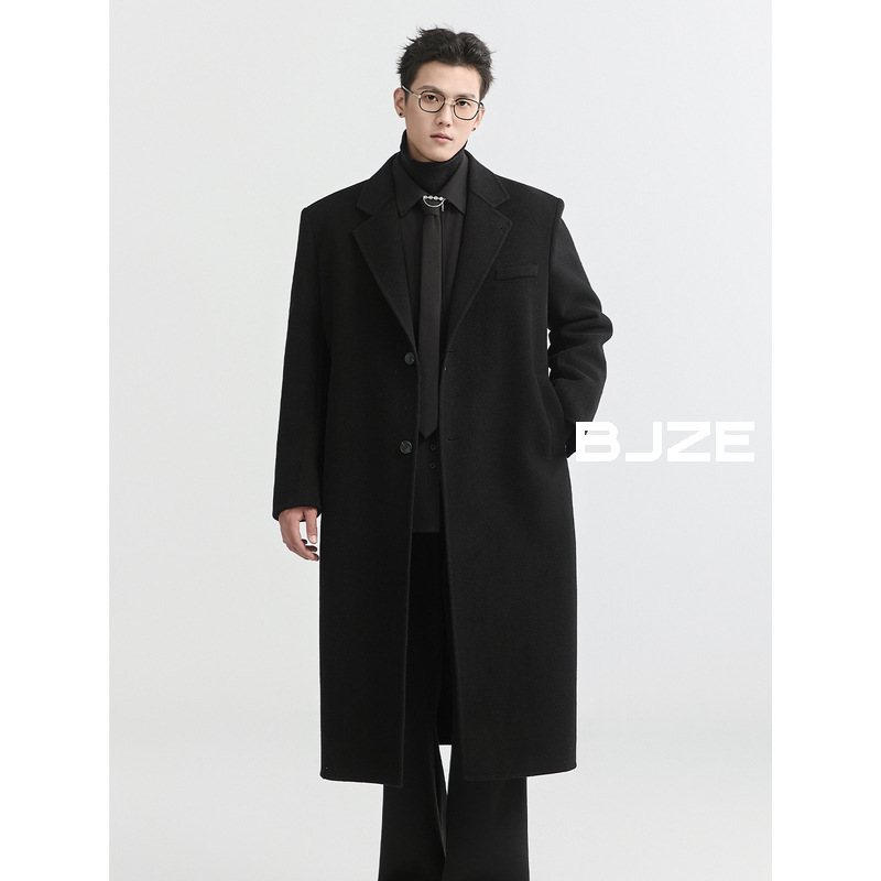 BJZE男装冬季100羊毛双面呢男大衣过膝长款高级感垫肩外套P441154