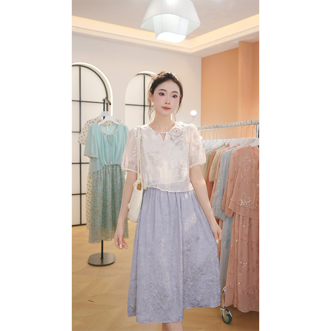 L8660 温柔气质假两件连衣裙2025年春夏新款收腰显瘦中长款