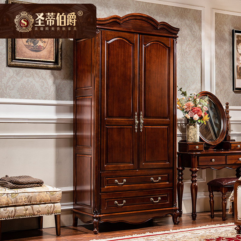 简约美式全实木衣柜两门主次卧室家具带抽储物衣柜大衣橱