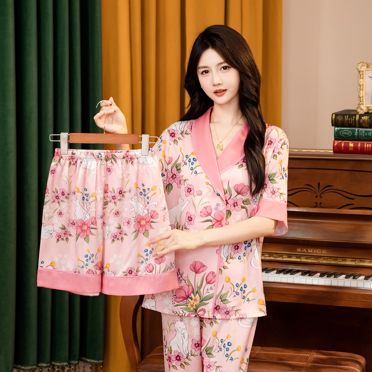 达芬奇密码睡衣女夏季2025年新款花束猫女士家居服三件套