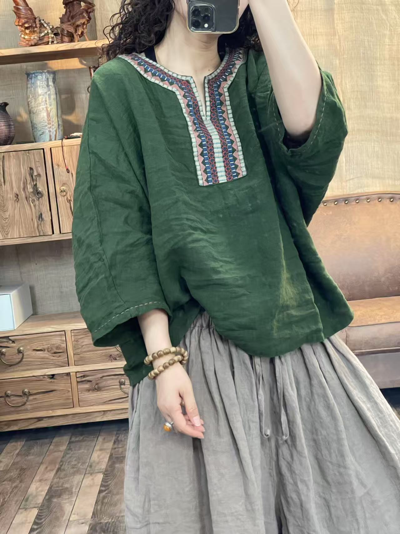 [四月阳光]夏季新品民族风亚麻做旧休闲上衣（胸围158长63）