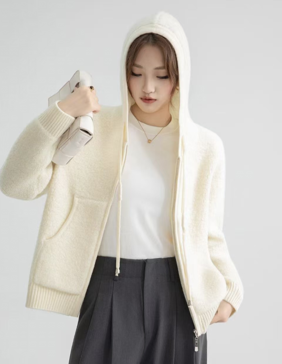 100羊毛连帽款加厚卫衣颗粒感2025秋冬女针织连帽外套