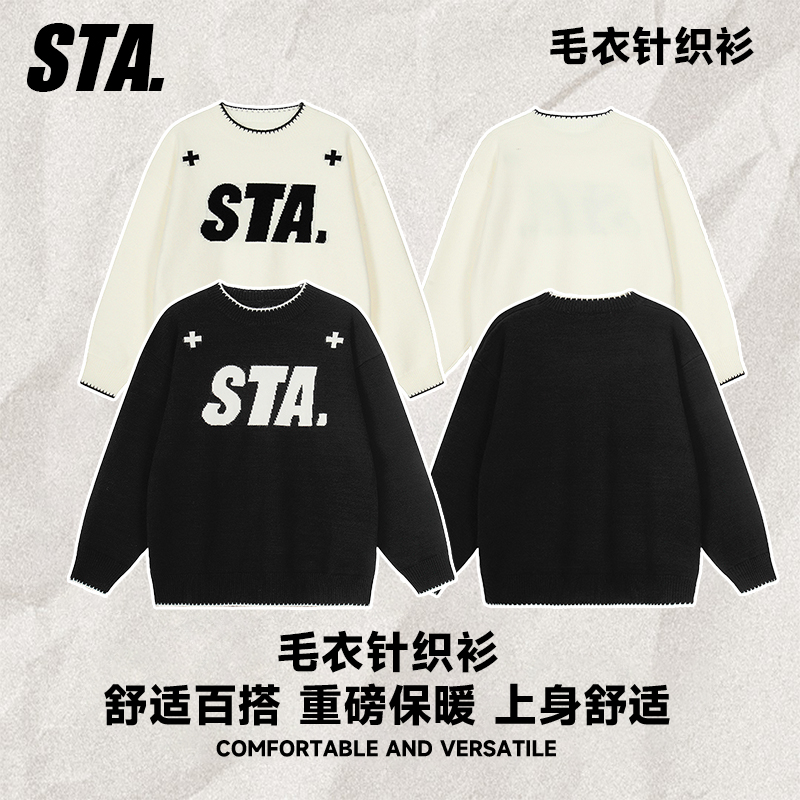 STA.圆领毛衣秋冬新款慵懒风上衣男女同款时尚百搭针织拼接重磅