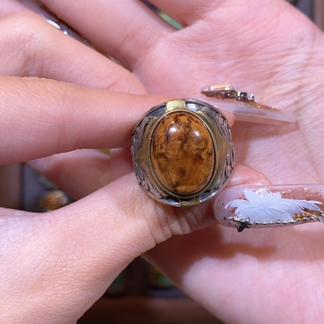 琥珀戒指银S925镶嵌C*戒指