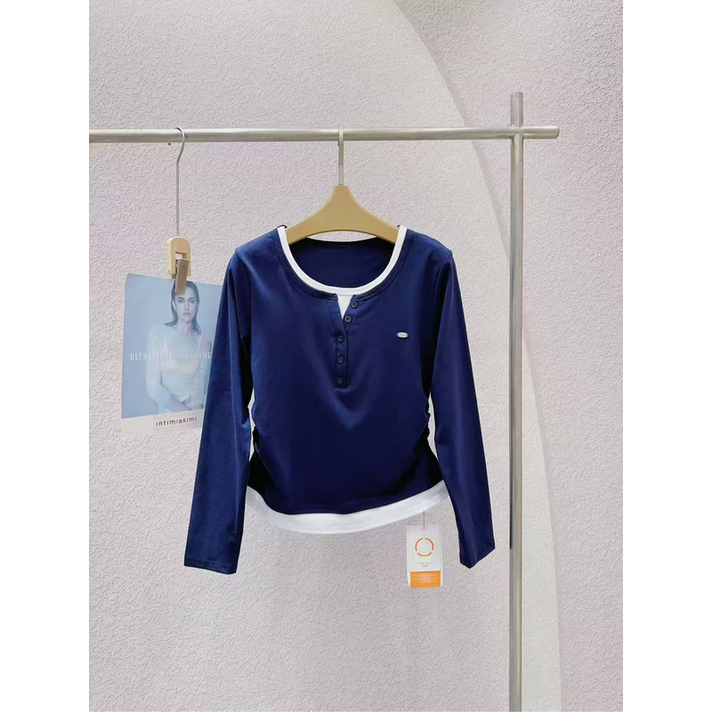 69-229假两件款上衣长袖时尚韩版毛针织衫圆领宽松秋季薄款