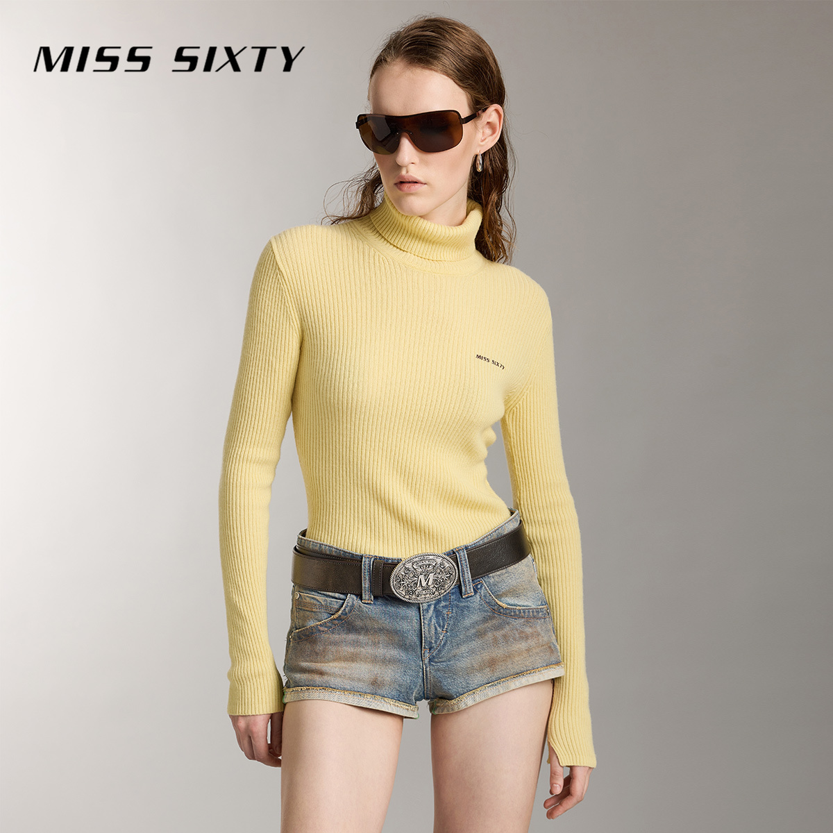 Miss Sixty秋季新款针织衫女高领开衩绵羊毛衣