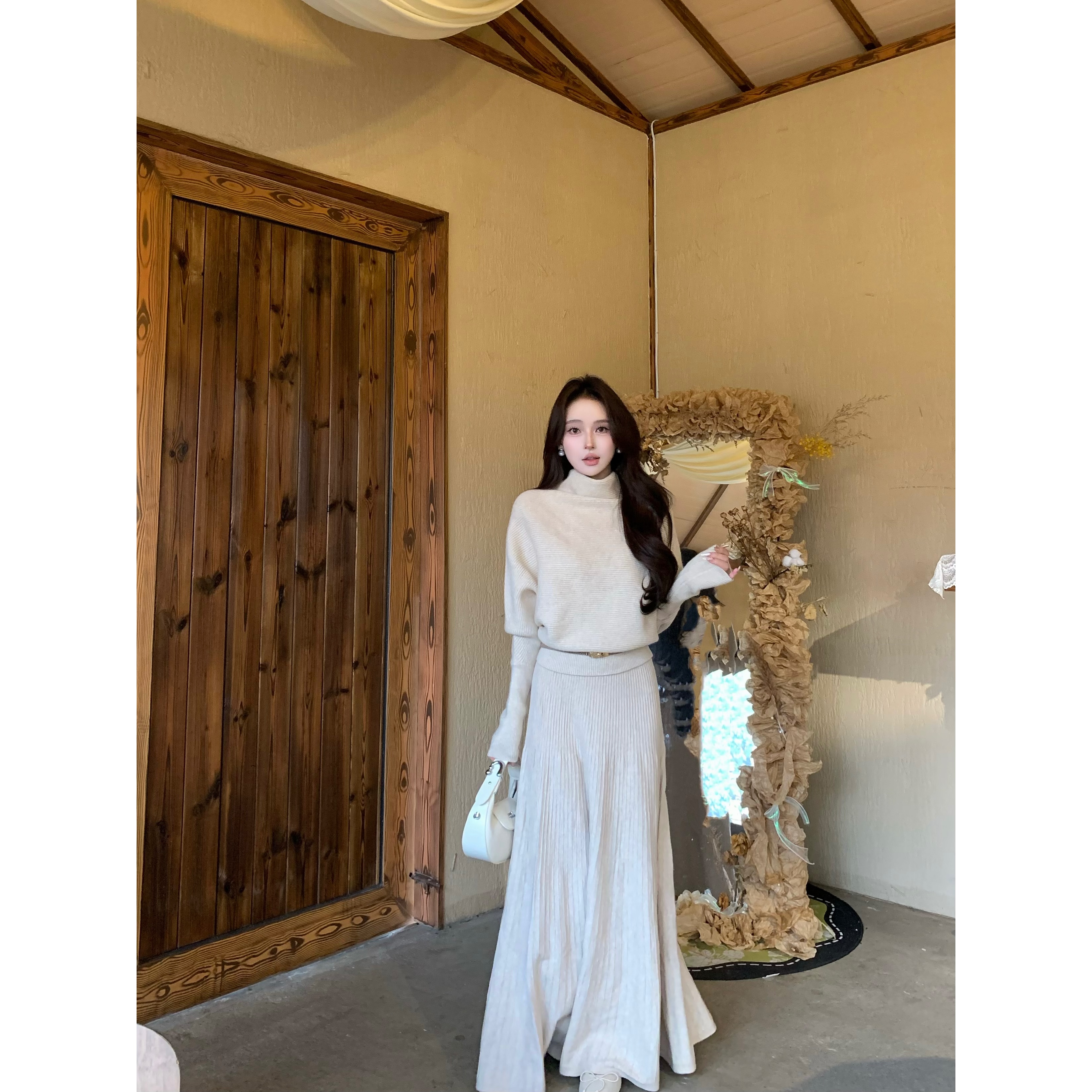 冬季时尚高级慵懒感显瘦气质针织三件套+半身裙+腰带三件套装