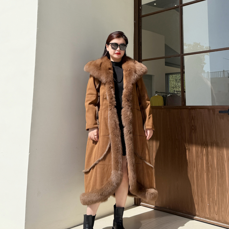 别格秀大码皮草女过膝长款冬季新款时尚兔毛一体修身显瘦狐狸毛领