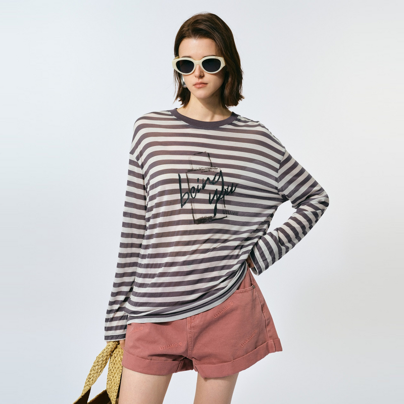 U/TI灰白条纹印花长袖T恤女春季新款宽松显瘦上衣百搭休闲打底衫