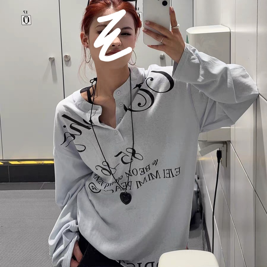 美式复古纽扣亨利领长袖罩衫T恤女秋季轻薄慵懒风防晒上衣潮N