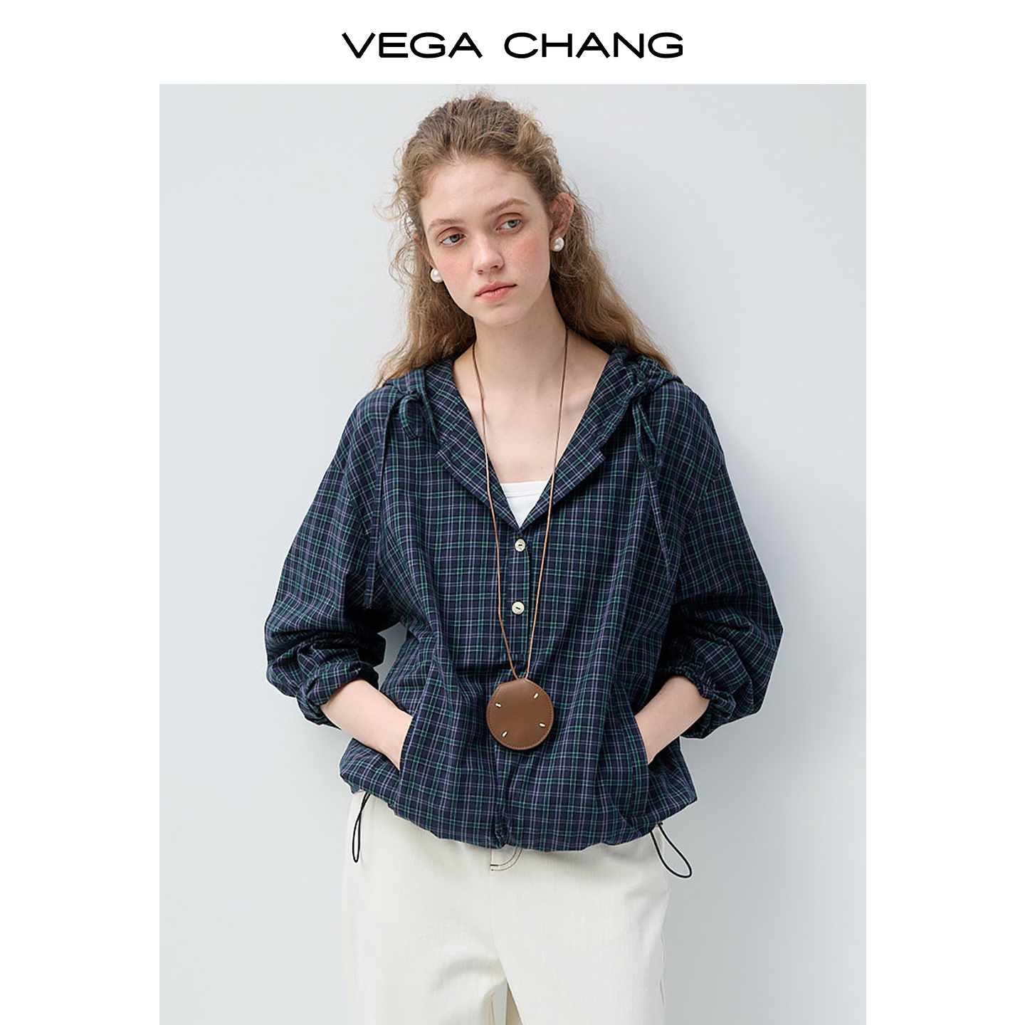 VEGACHANG【青格软兜】藏青格纹连帽开衫女2026新款春季衬衫0250JJ