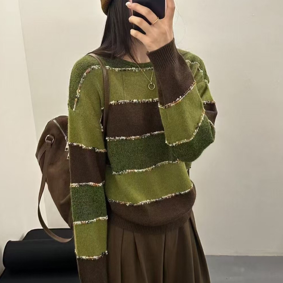 拼色条纹圆领套头打底外穿时尚条纹针织衫宽松气质百搭毛衣女上衣