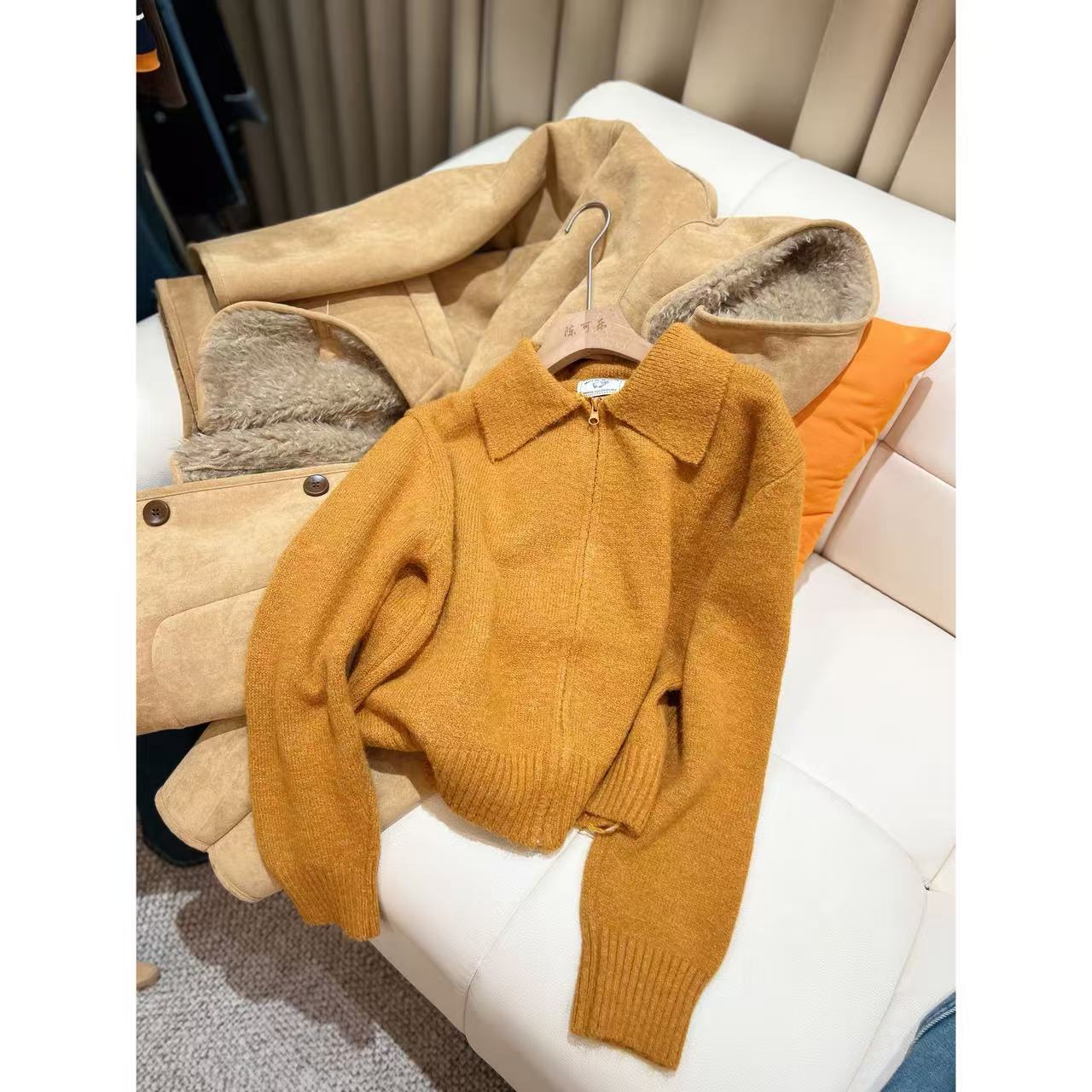 秋冬新款慵懒风拉链翻领毛衣开衫女小个子复古休闲-M3803