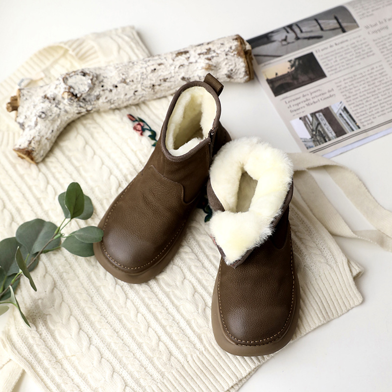 羊毛保暖圆头森系牛皮防滑大底冬季新款舒适软底女棉鞋
