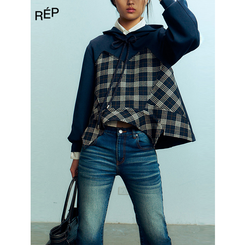 REP-JUNWEILIN设计师品牌绿白/蓝白格纹衬衫领倒装拼接卫衣 25FW