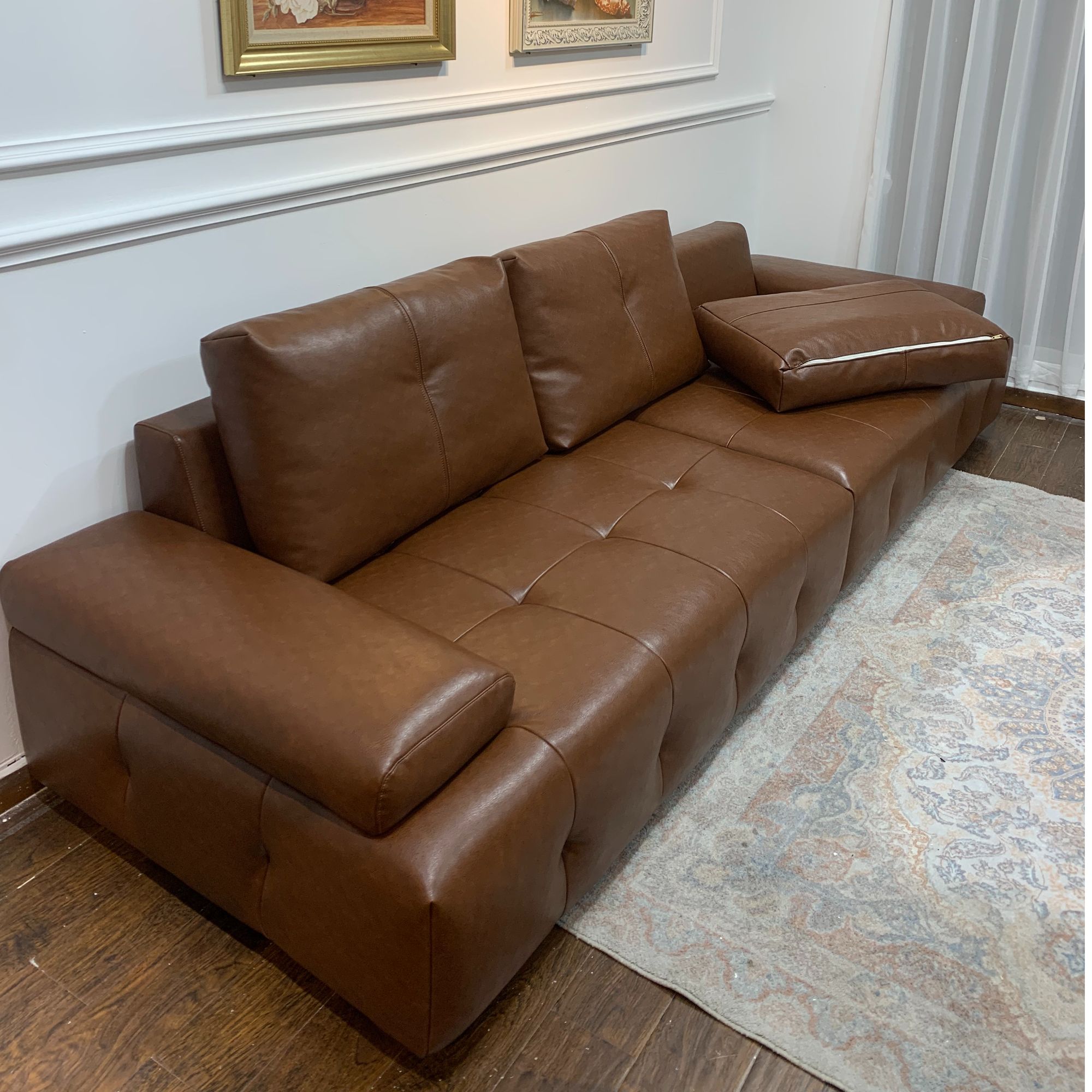 真皮沙发意式家用法式中古风极简头层牛皮焦糖色复古直排新款沙发