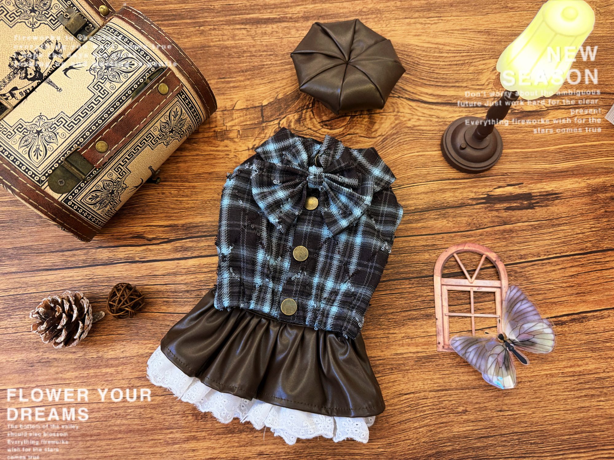 LovelyGAI奶盖家「美拉德贝蕾帽」皮裙三件套| 宠物衣服狗衣服秋冬
