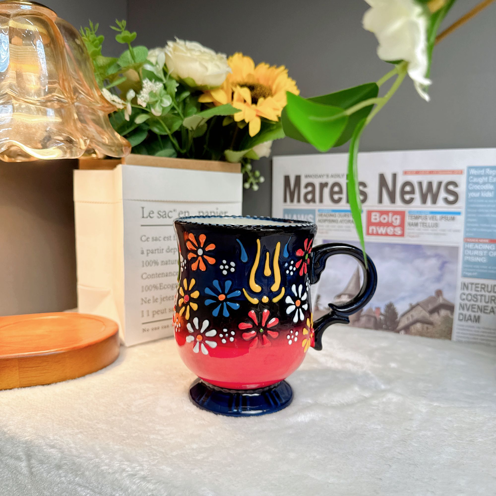 【红贵】新疆包邮500ml手绘红色土耳其堆料马克杯水杯