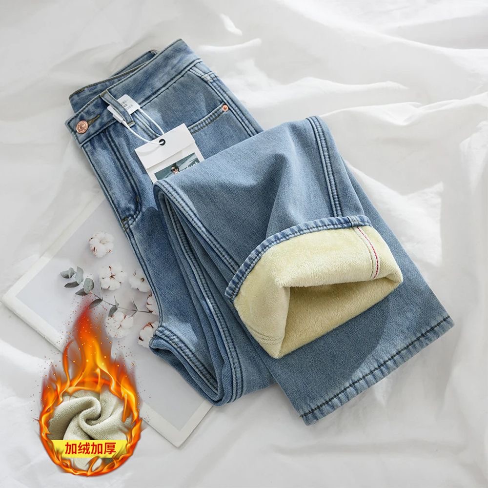 加绒浅蓝牛仔裤女直筒窄版高腰2025年秋冬新款宽松垂感拖地阔腿裤