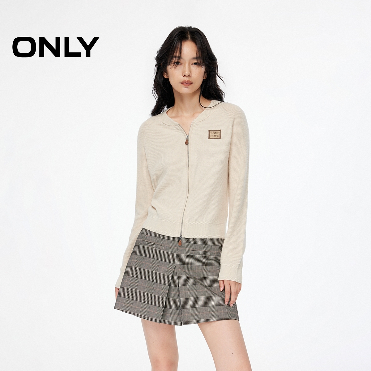 ONLY2025秋季新款含羊毛宽松插肩圆领开衫毛衣针织衫女|12533A005