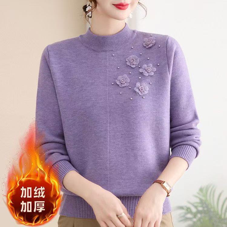 2025妈妈冬装半高领秋冬针织加厚加绒保暖上衣中老年打底上衣9137