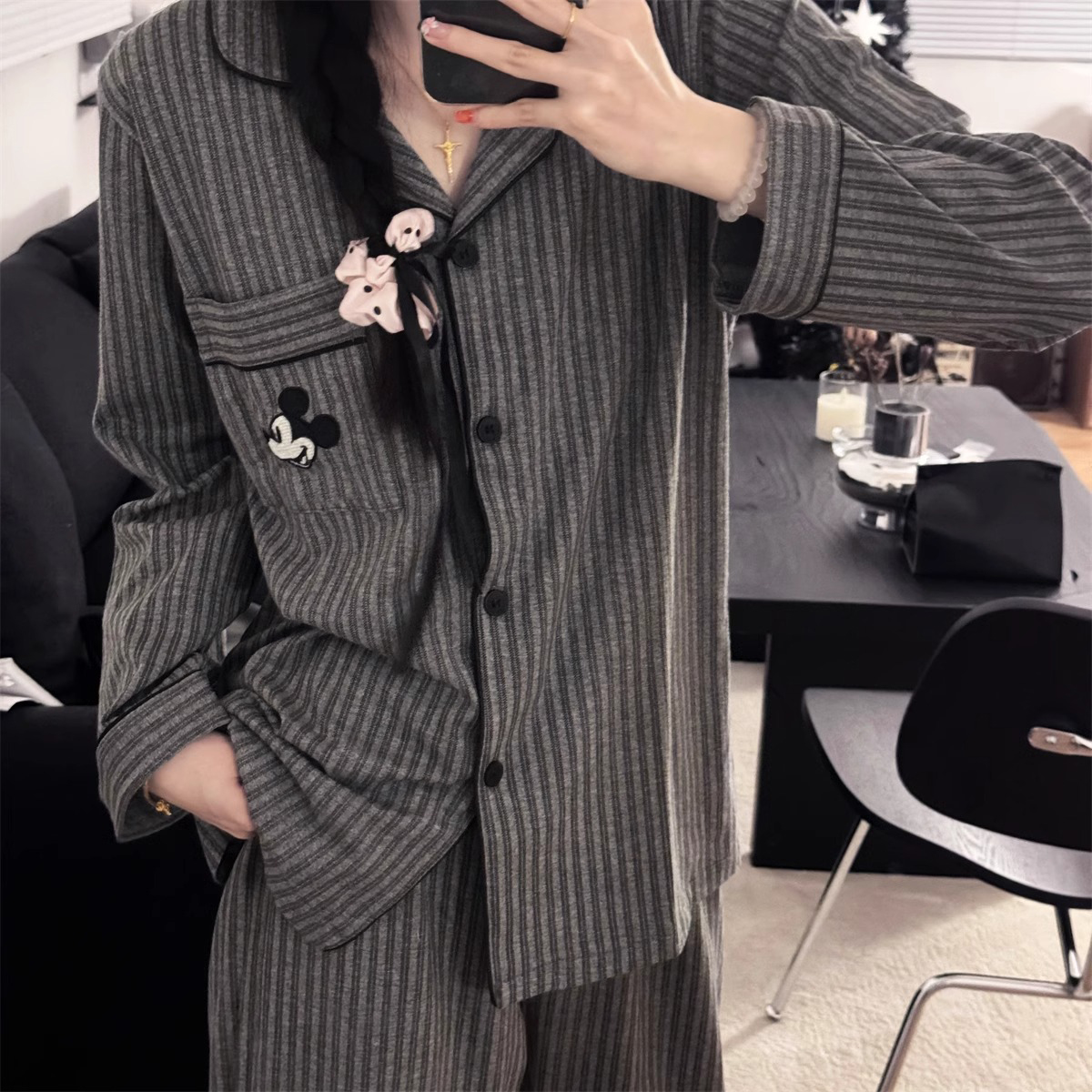 【线条米奇灰】长袖春秋款简约条纹卡通米奇睡衣女家居服套装