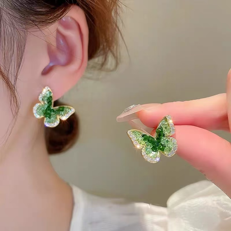 合金耳饰 c-595绿色蝴蝶耳钉小清新耳环时尚高级感耳饰8127