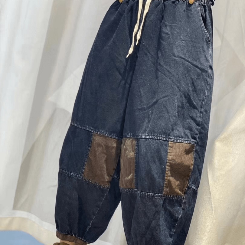 拼色牛仔裤松紧腰显瘦休闲哈伦裤春秋百搭