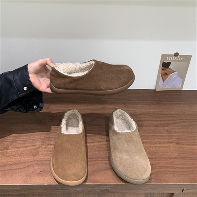 牛皮版加绒丑萌勃肯鞋全包女2025年冬季圆头保暖一脚蹬棉鞋小土豆