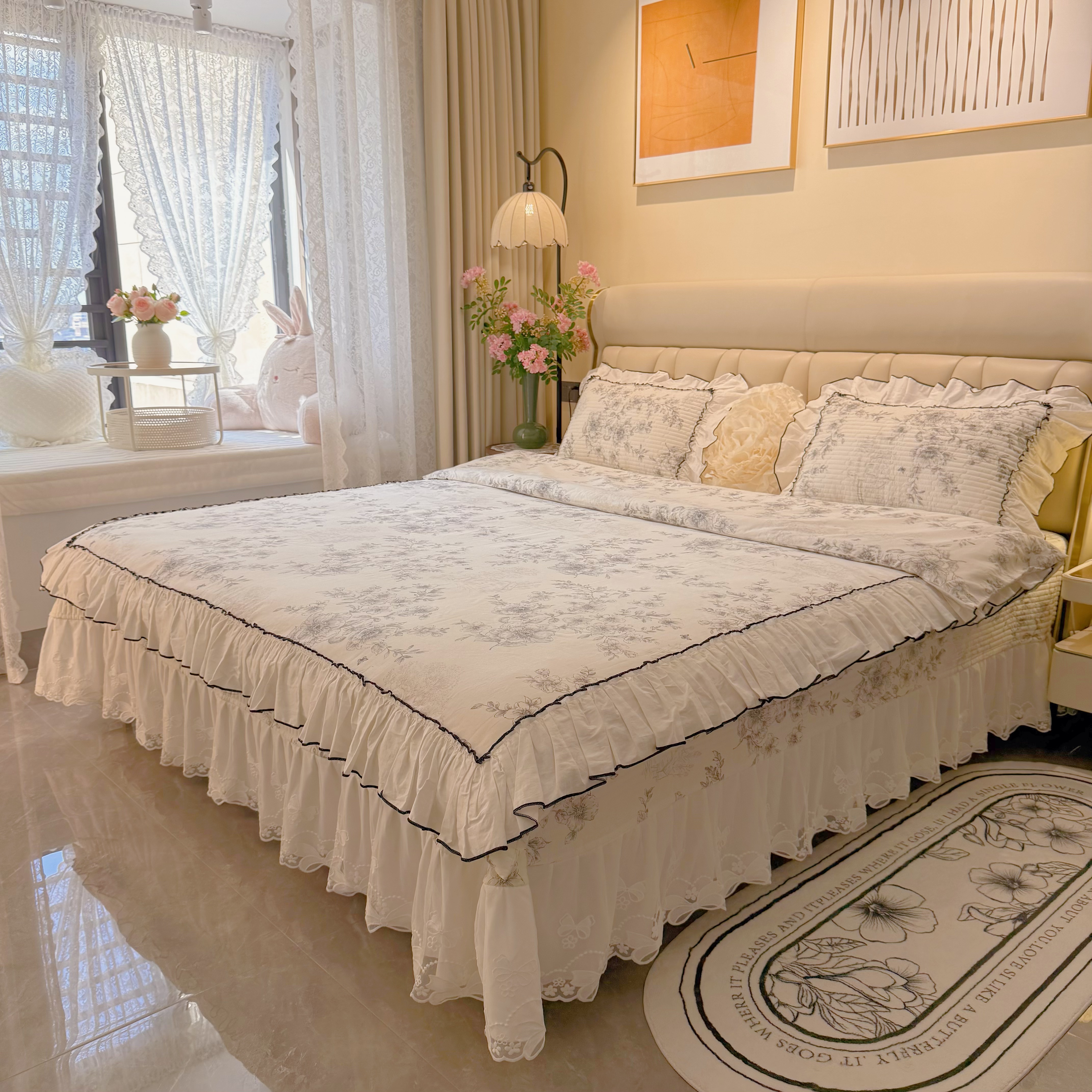 【疯子姐专属】全棉夹棉款蕾丝花边款法式床盖四件套网红款