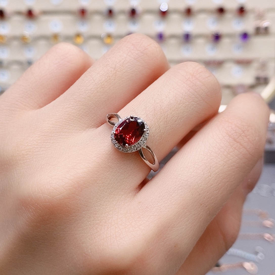 石榴石戒指银S925镶嵌戒指
