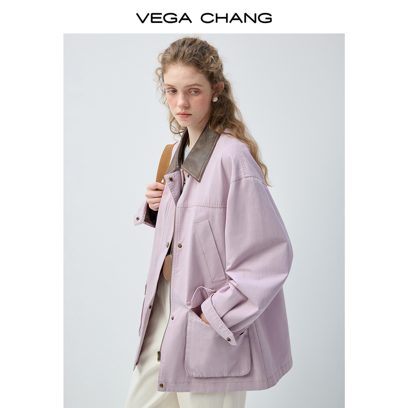 VEGACHANG【柔雾紫境】淡紫拼皮短外套女2026新款春韩系外套0379LW