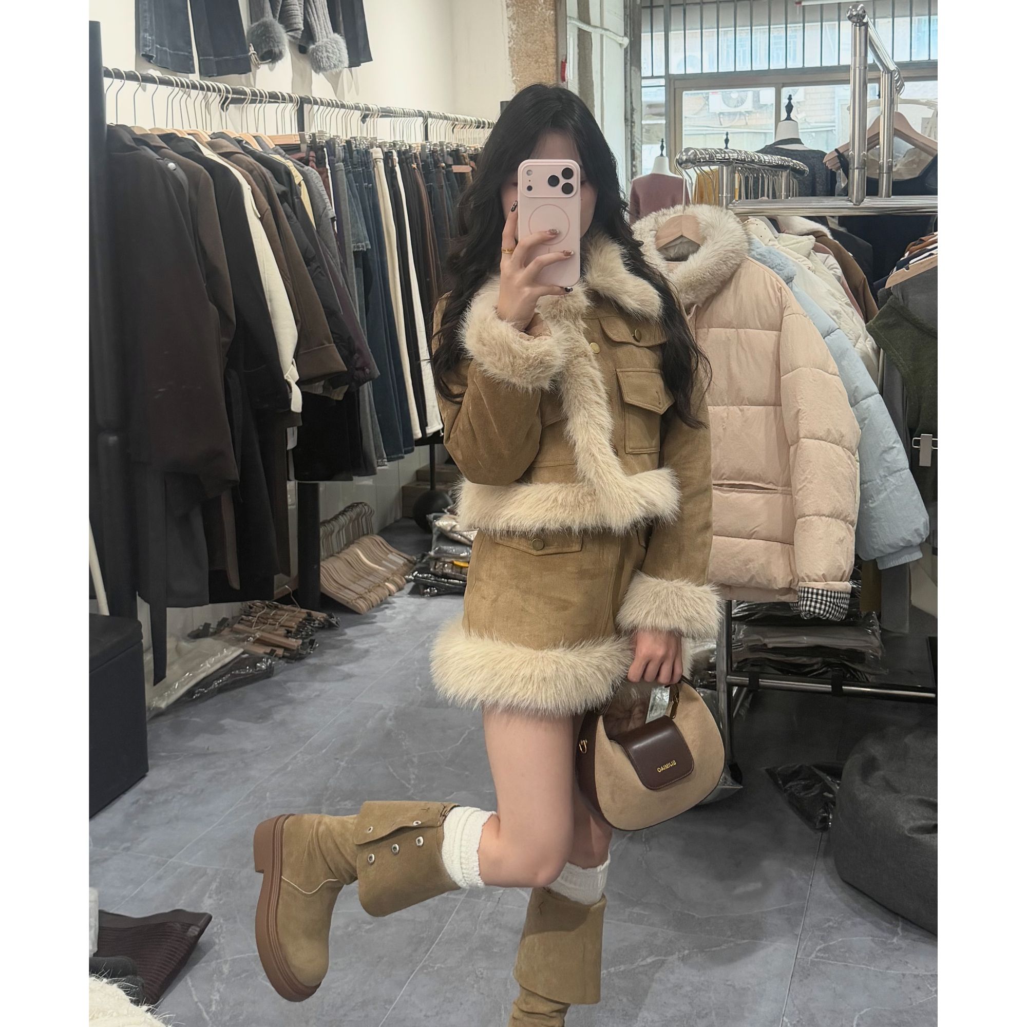 【叶子】法式时尚套装棕色加厚百搭加绒中筒时装