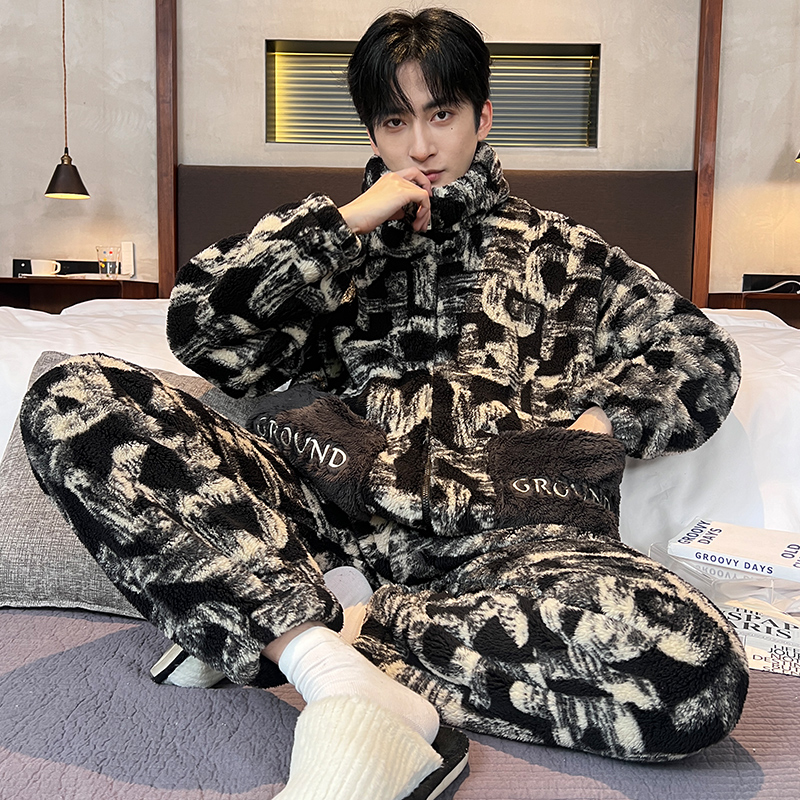 男士家居服法兰绒潮牌高档拉链立领可外穿男士家居服套装冬季保暖