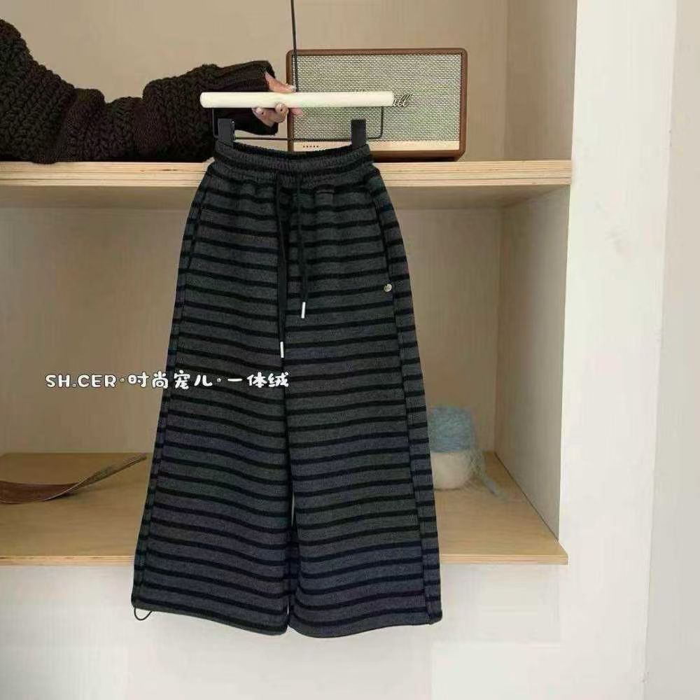 女童冬季加绒裤子韩版加厚条纹一体绒中大童阔腿裤潮