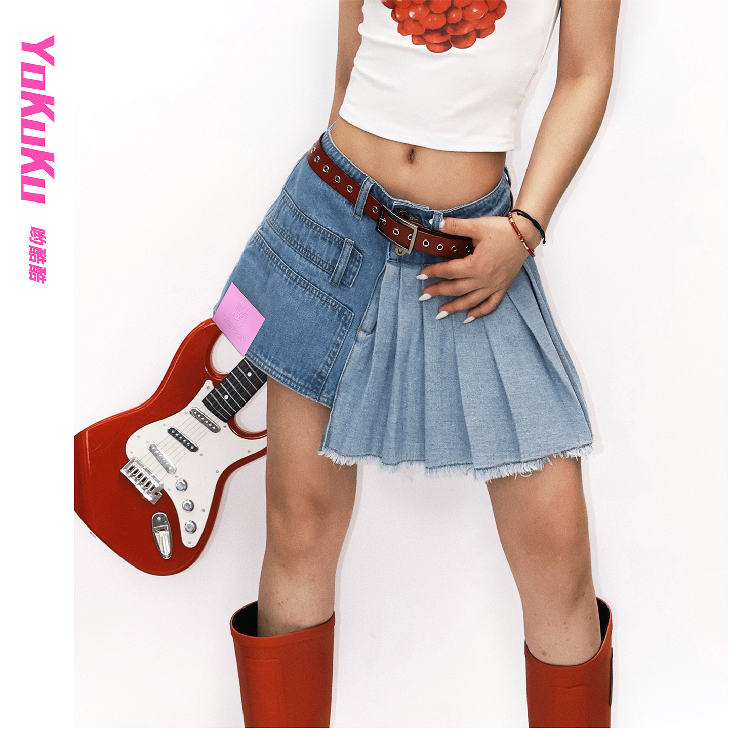 哟酷酷（双面人生）美式ins复古压褶不规则牛仔裙短（内有安全裤）