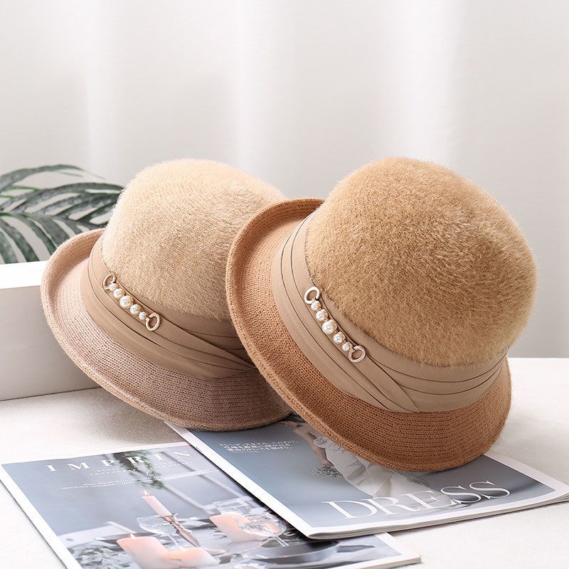 高级感珠饰秋冬季针织礼帽中老年优雅气质接拼仿水貂高档渔夫盆帽