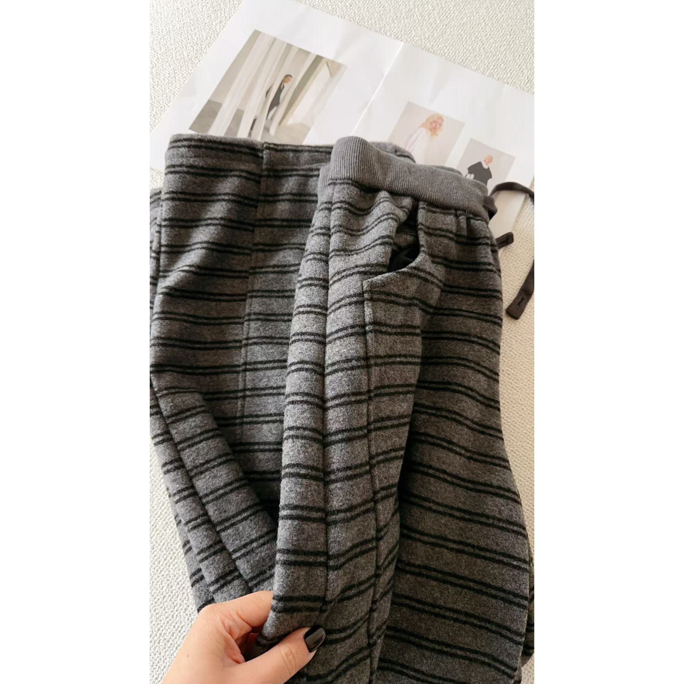 GRACE GARDEN【杨桃条纹！】松紧腰复古条纹加绒休闲裤XXK5L1002