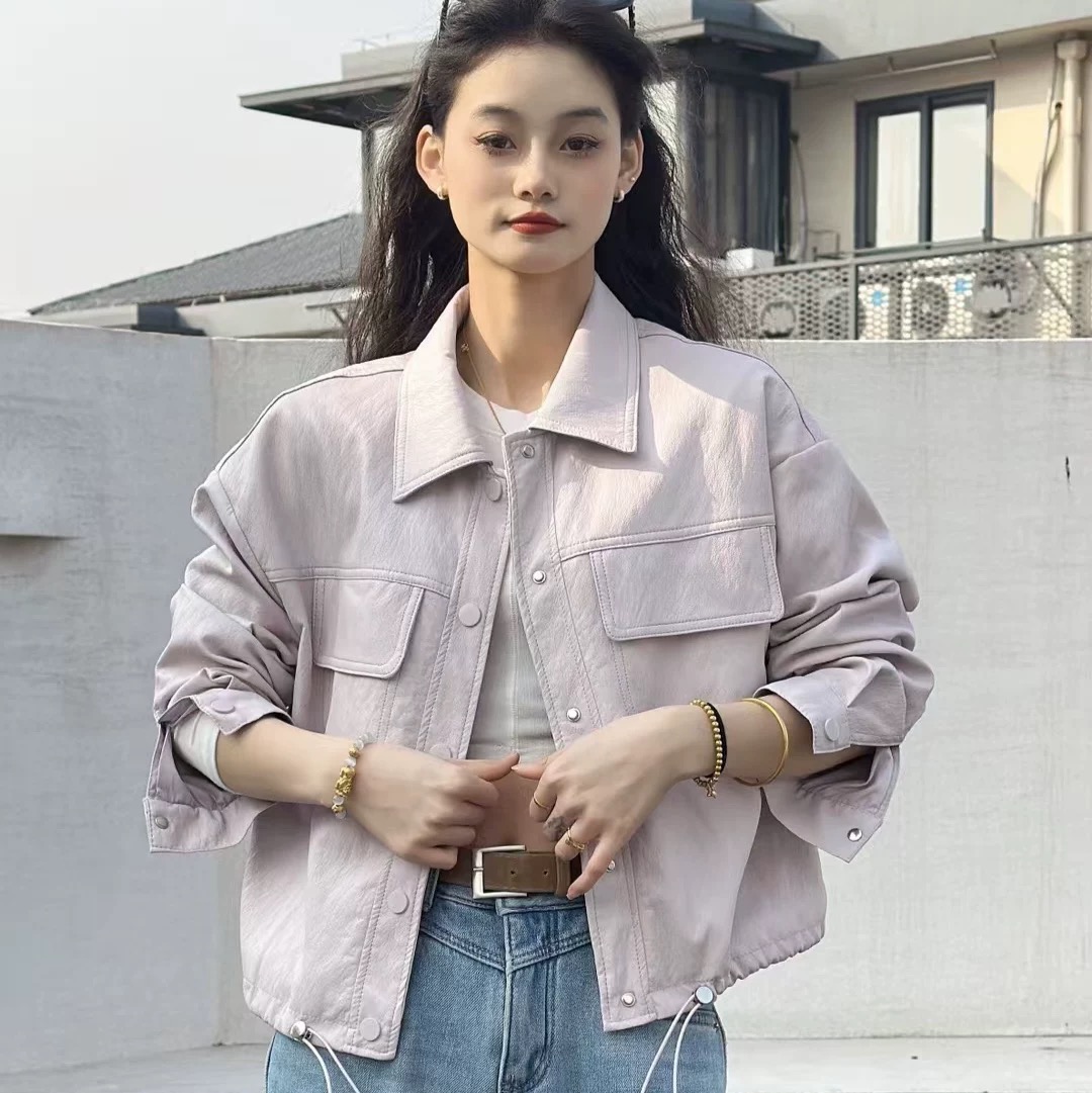 2025年新款春季拼接韩版翻领纽扣休闲百搭短款拼接拉链小立领外套