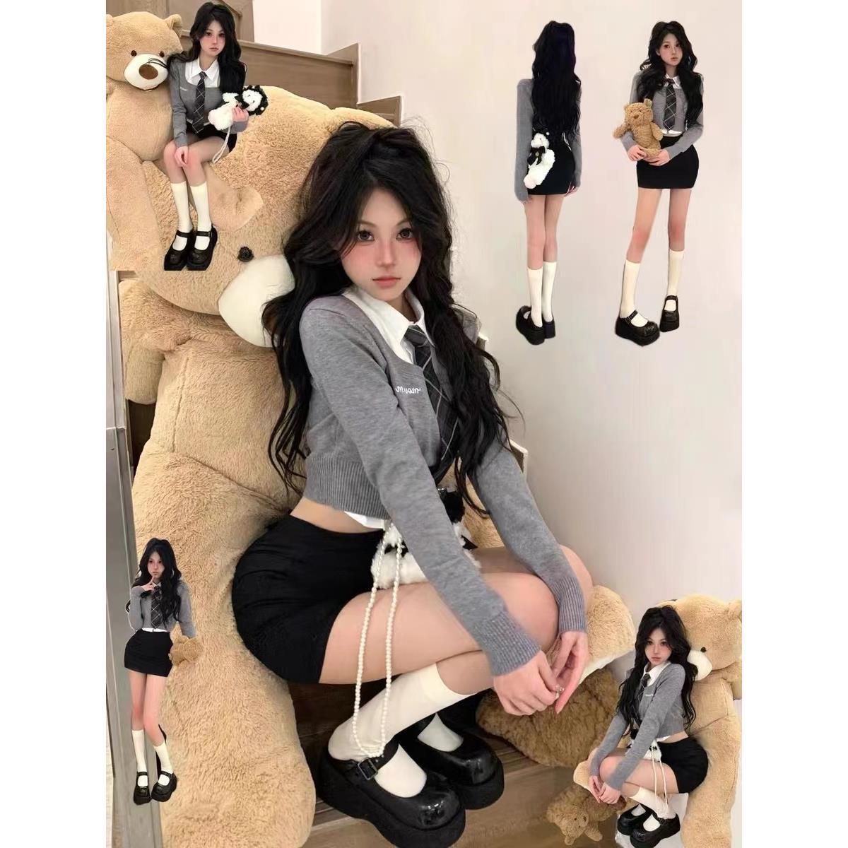 韩系纯欲JK制服套装女秋季新款辣妹灰色长袖毛衣包臀裙衬衫三件套